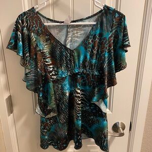 Mixology XL Top Animal Print Blouse Turquoise Brown Stretch Shirt Flutter Sleeve